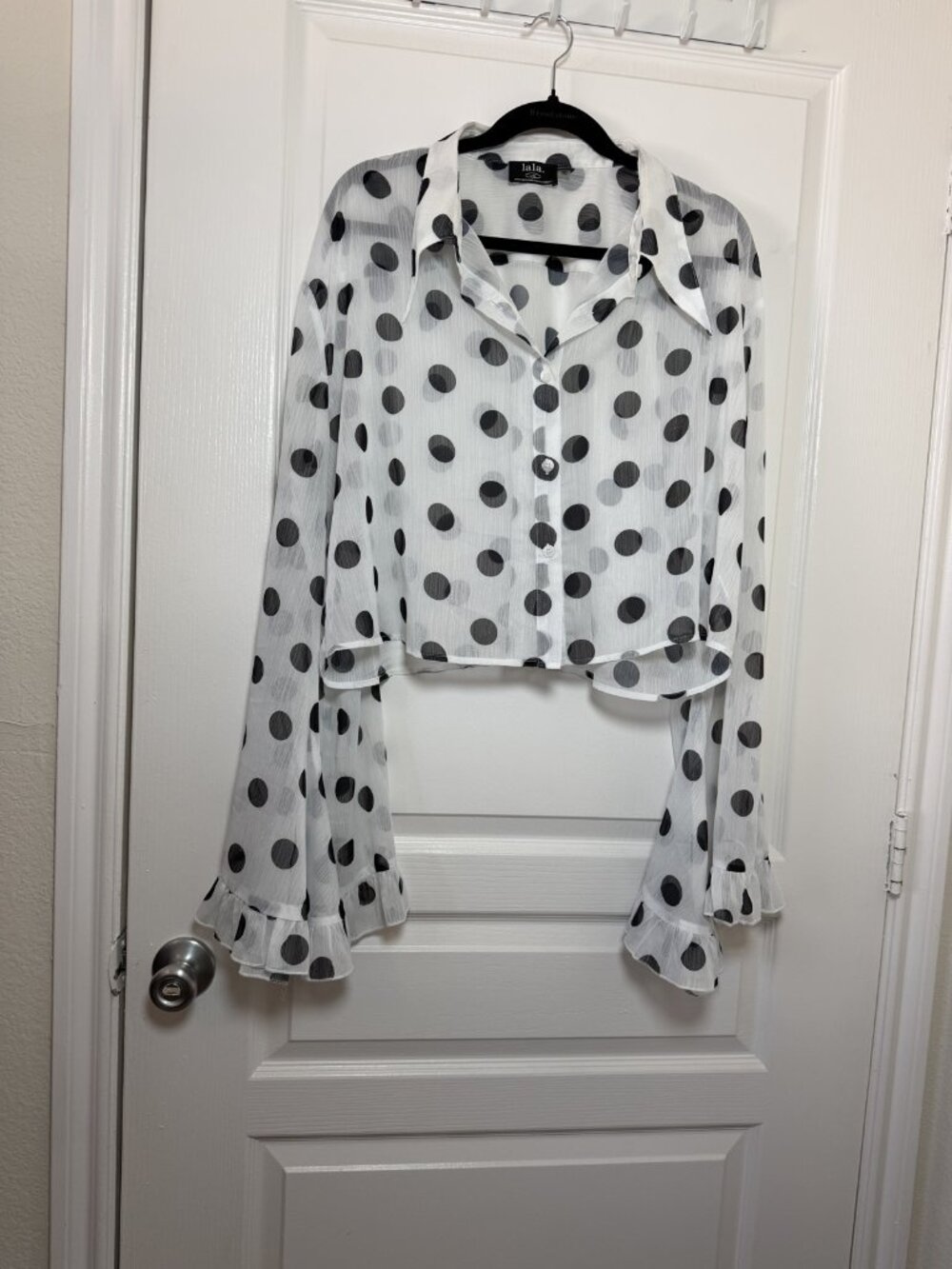 lala. Sheer Polka Dot Crop Button Up Bell Ruffle Sleeve Top White Black L/XL